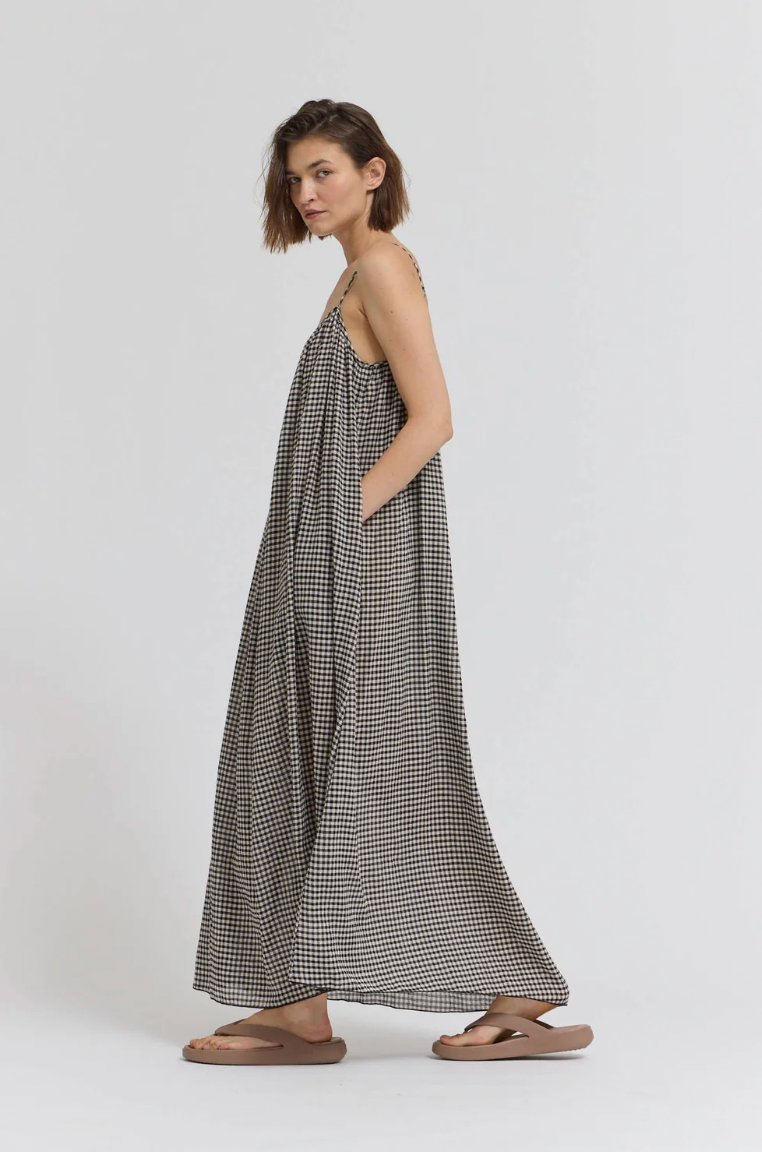 GINGHAM VISCOSE SPAGHETTI DRESS in Chai