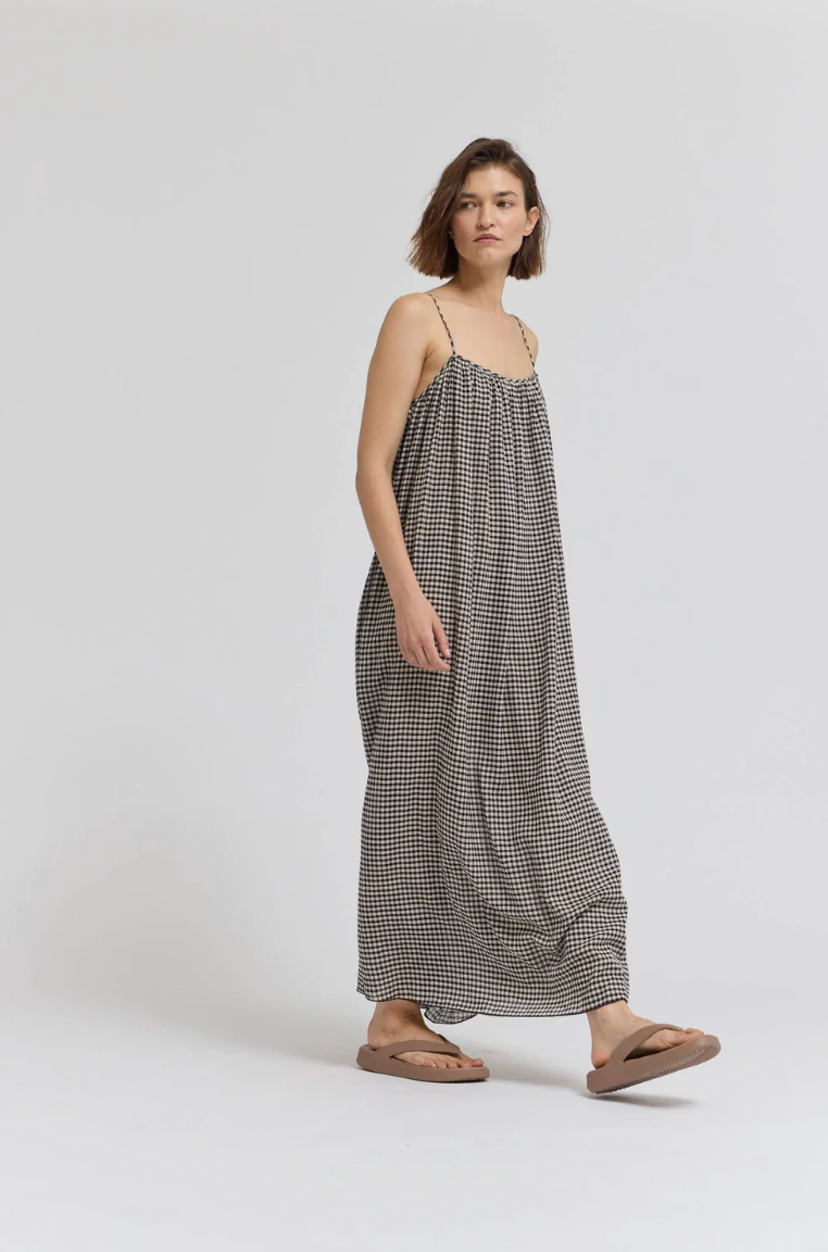 GINGHAM VISCOSE SPAGHETTI DRESS in Chai
