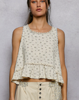 Round Neck Ruffle Hem Trim Detail Floral Sleeveless Top