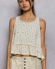Round Neck Ruffle Hem Trim Detail Floral Sleeveless Top