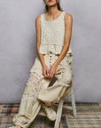 Round Neck Ruffle Hem Trim Detail Floral Sleeveless Top