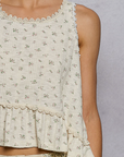 Round Neck Ruffle Hem Trim Detail Floral Sleeveless Top