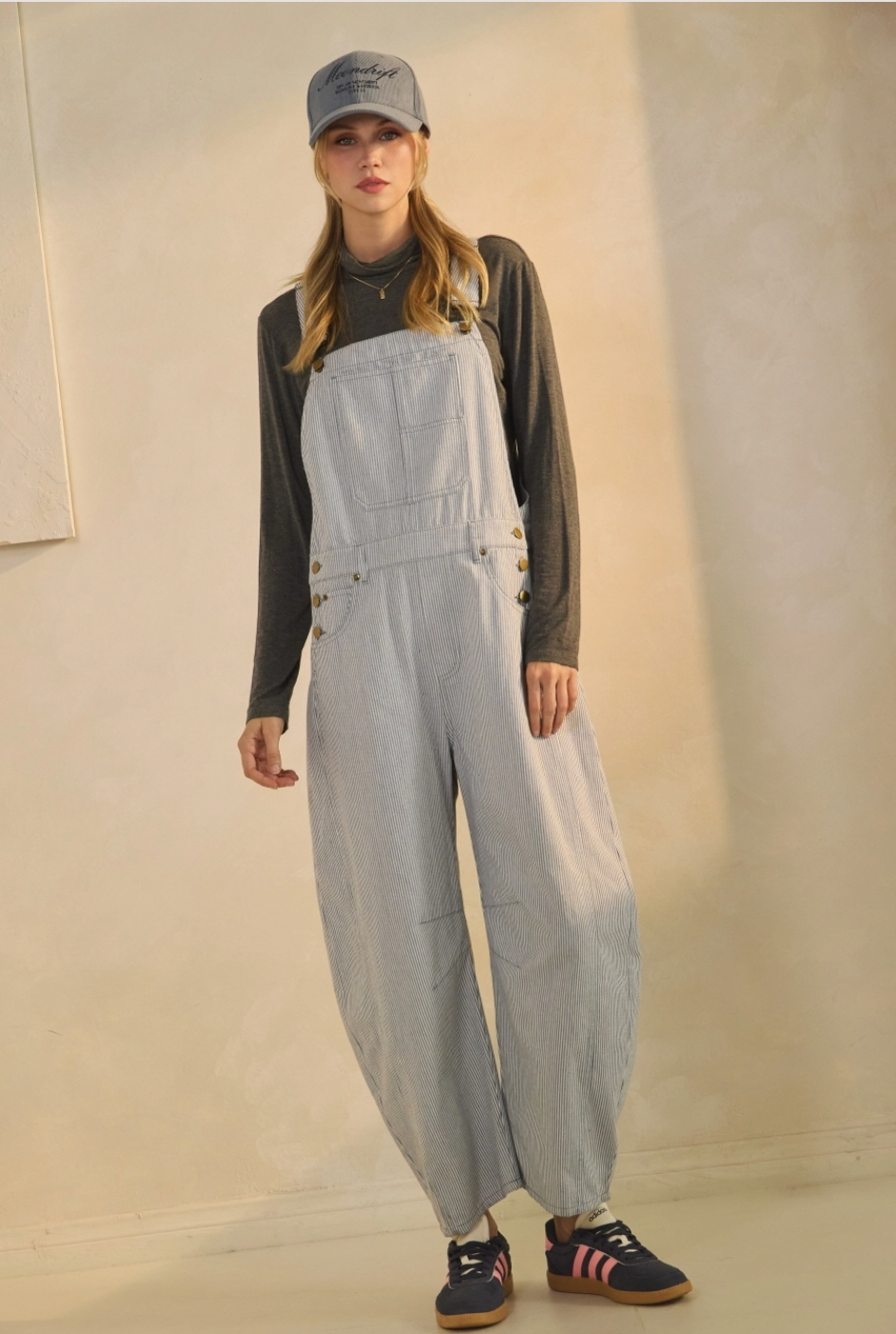 Pinstriped Barrel-Leg Overalls