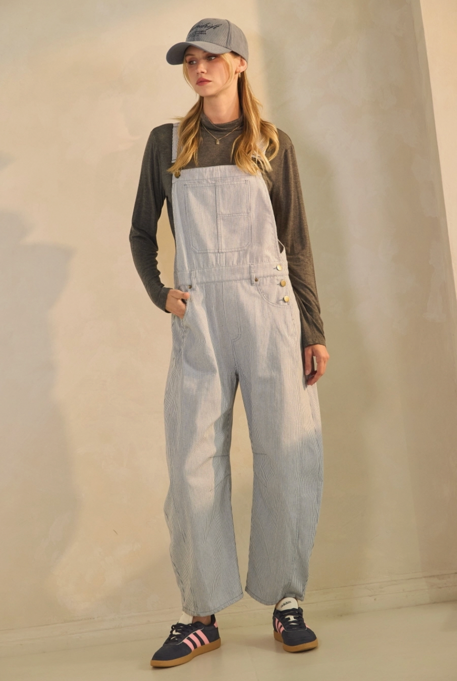 Pinstriped Barrel-Leg Overalls