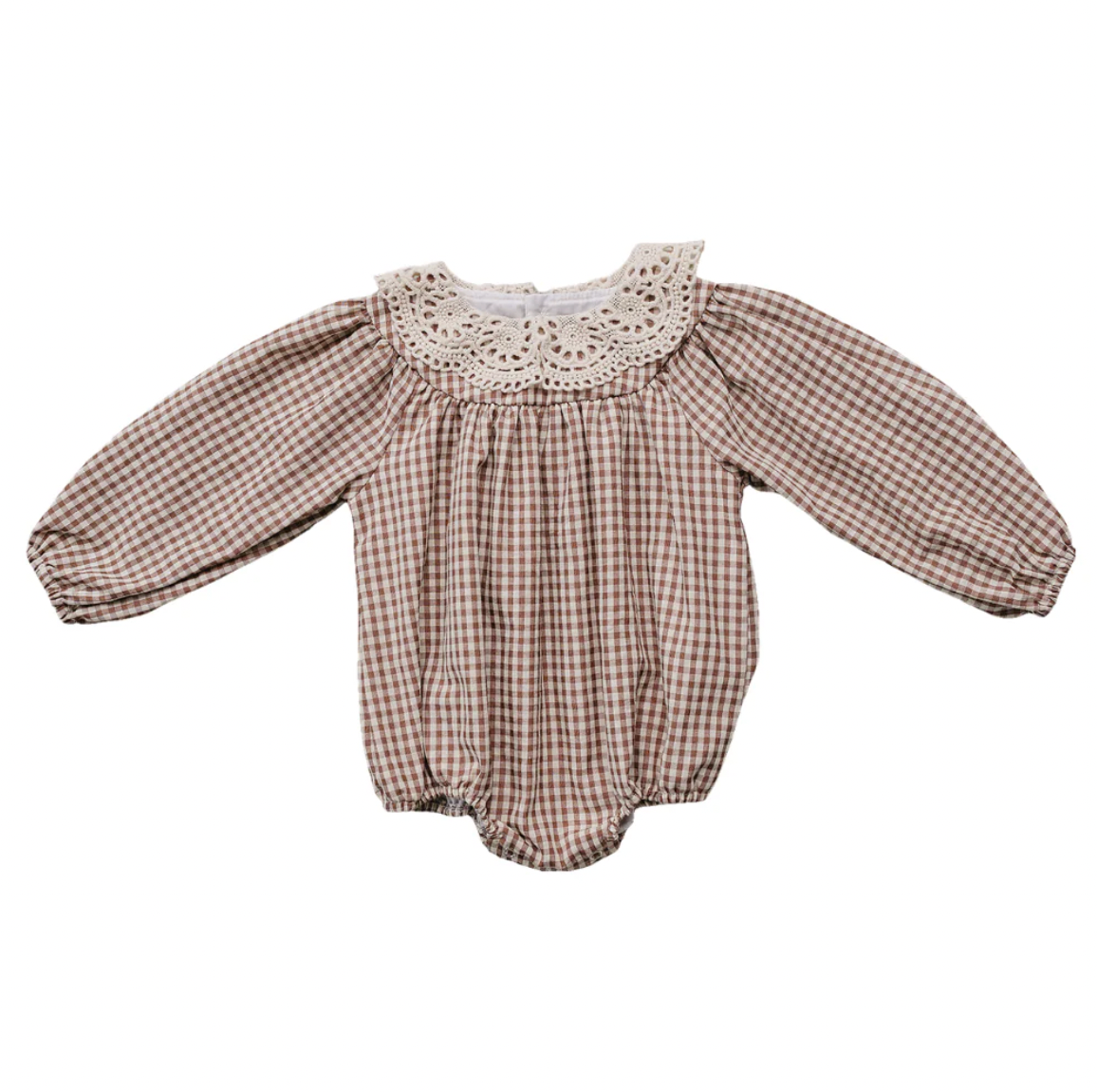 Camel Gingham Lace Bubble Romper - Mebie Baby