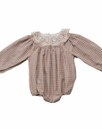 Camel Gingham Lace Bubble Romper - Mebie Baby