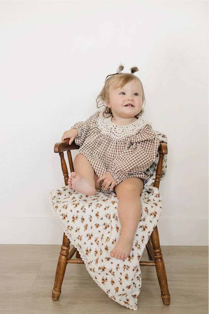 Camel Gingham Lace Bubble Romper - Mebie Baby