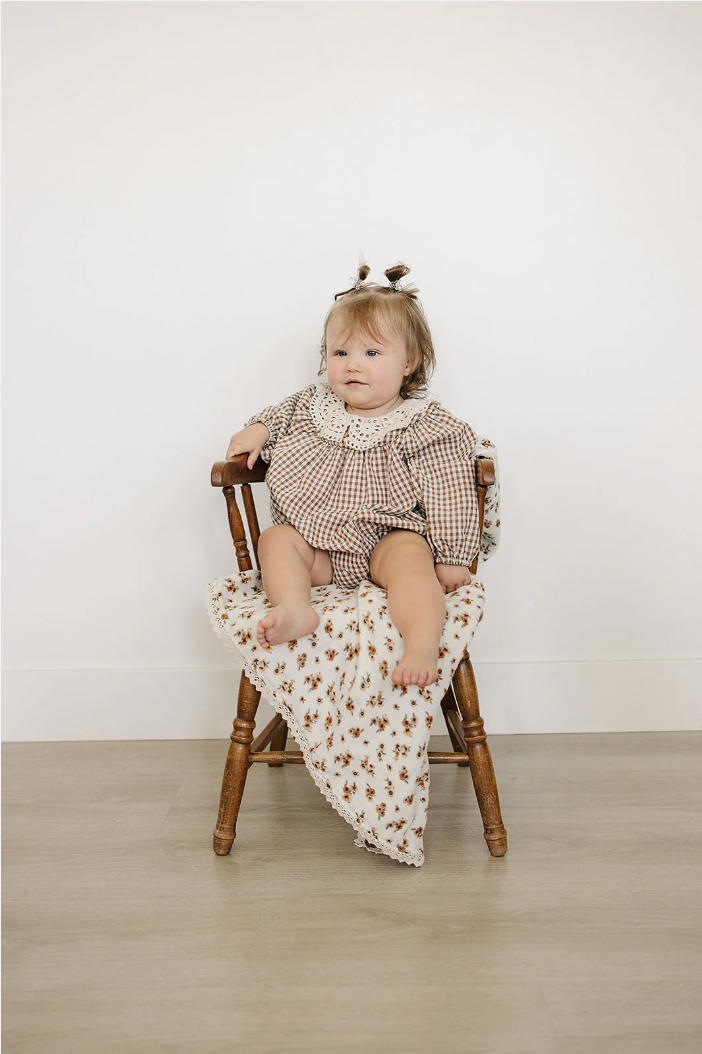 Camel Gingham Lace Bubble Romper - Mebie Baby