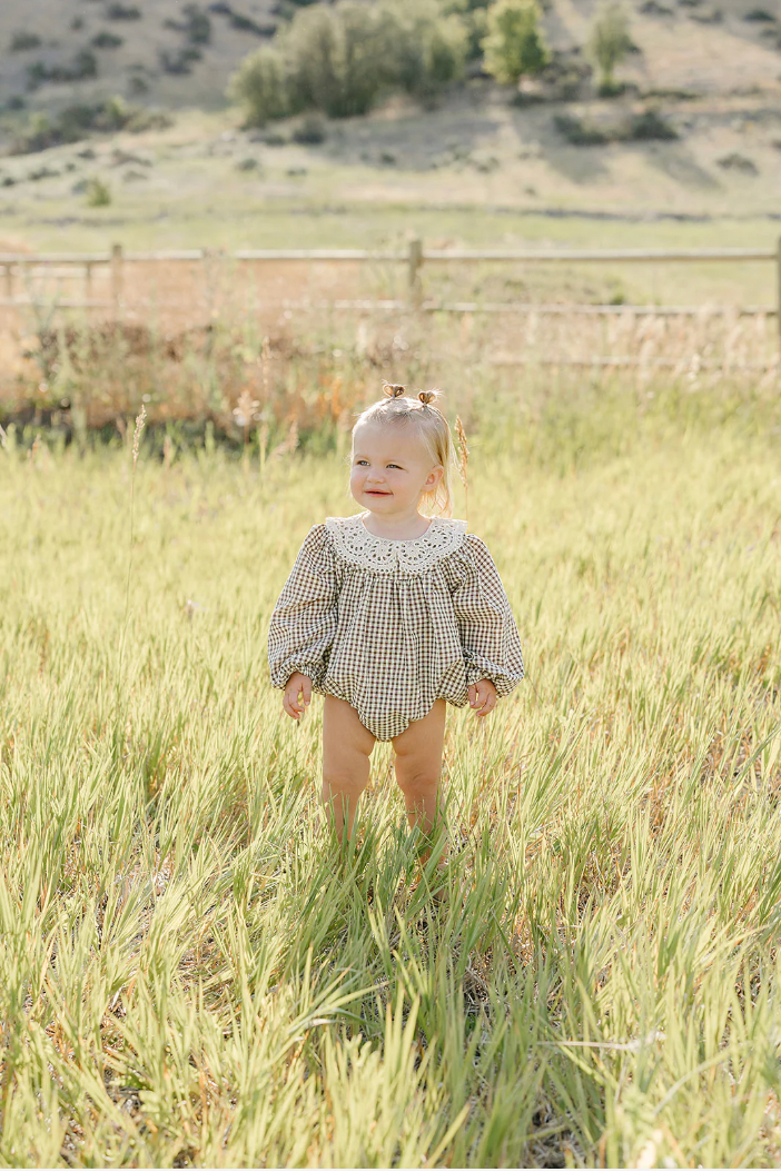 Camel Gingham Lace Bubble Romper - Mebie Baby