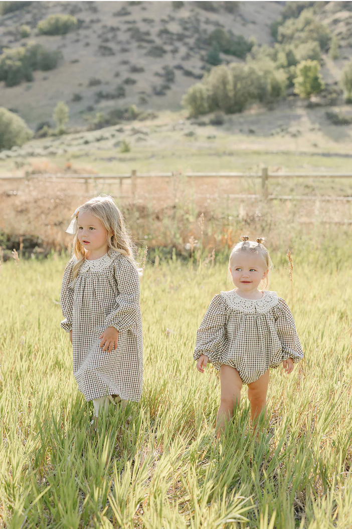 Camel Gingham Lace Bubble Romper - Mebie Baby