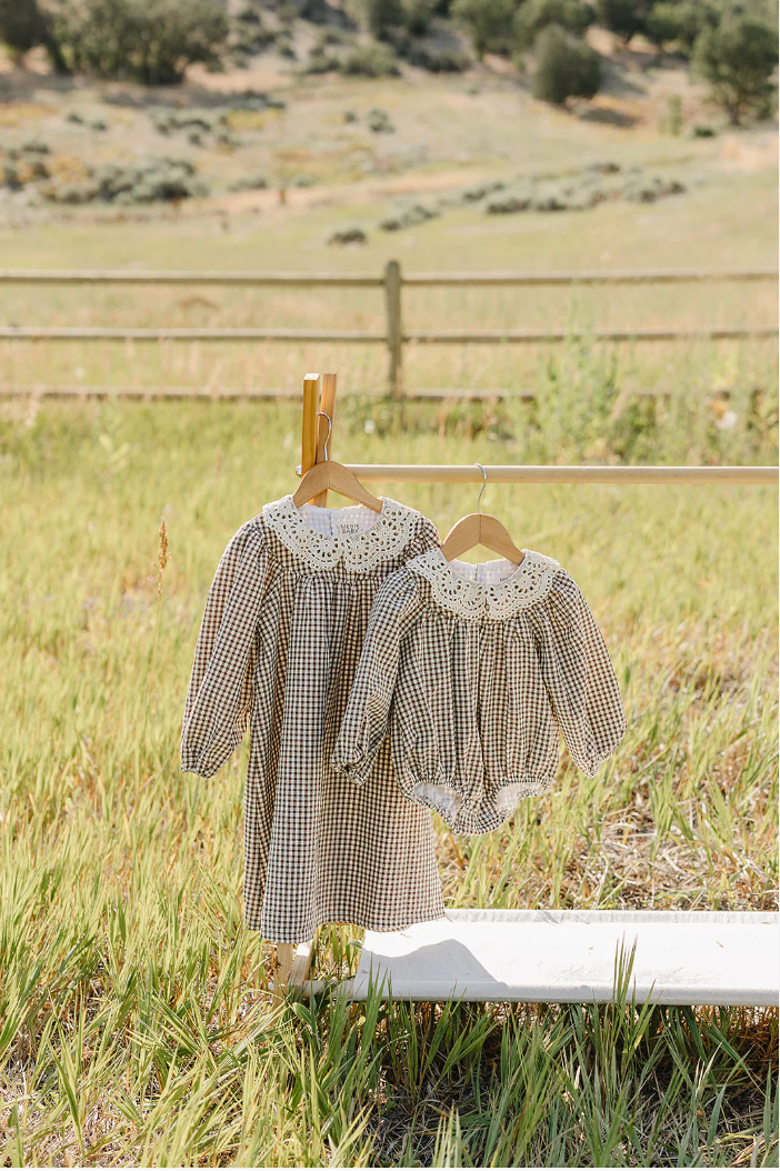 Camel Gingham Lace Bubble Romper - Mebie Baby