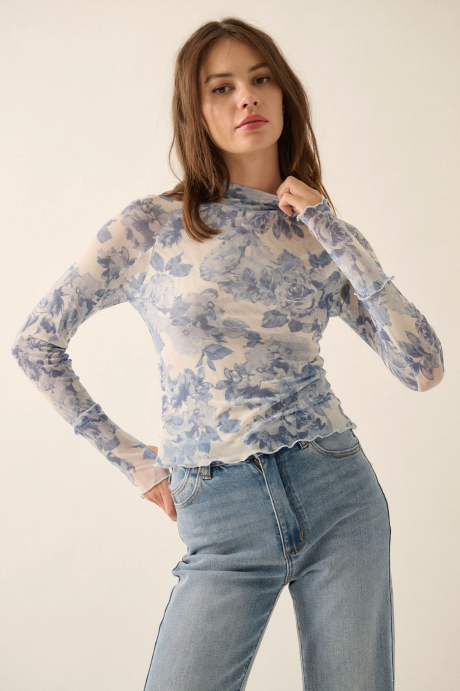 Blue Floral Mesh Mock-Neck Top