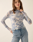 Blue Floral Mesh Mock-Neck Top