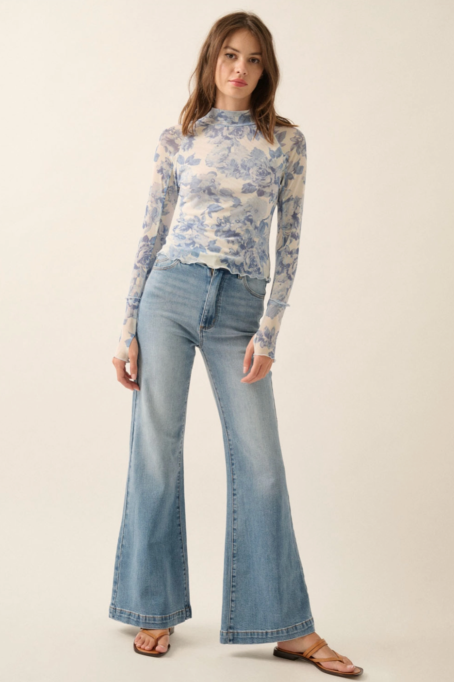 Blue Floral Mesh Mock-Neck Top