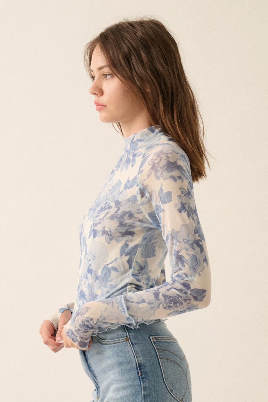 Blue Floral Mesh Mock-Neck Top