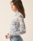 Blue Floral Mesh Mock-Neck Top