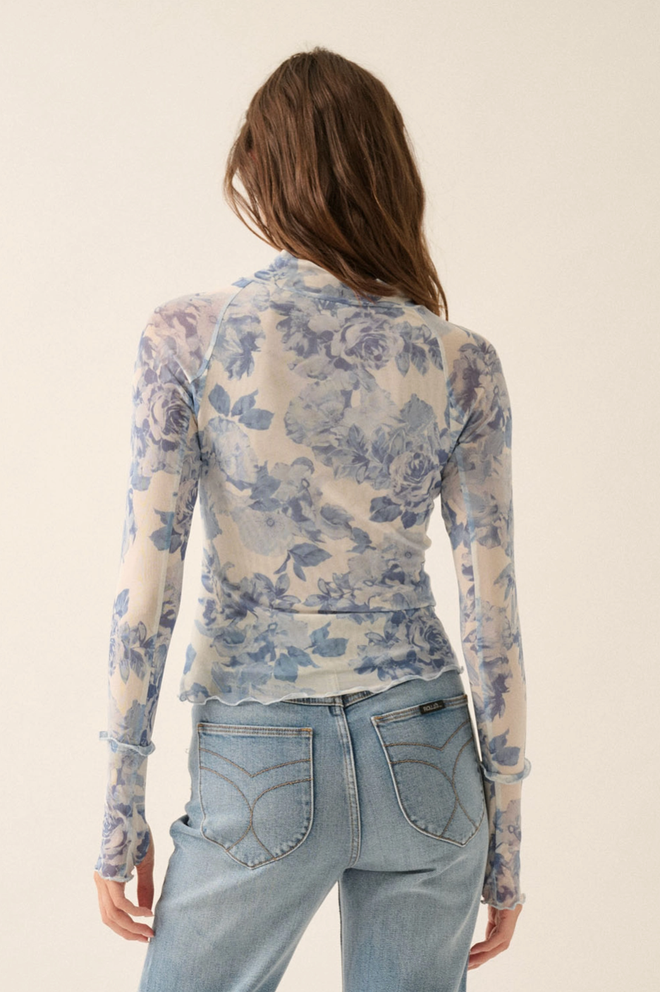 Blue Floral Mesh Mock-Neck Top