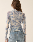 Blue Floral Mesh Mock-Neck Top