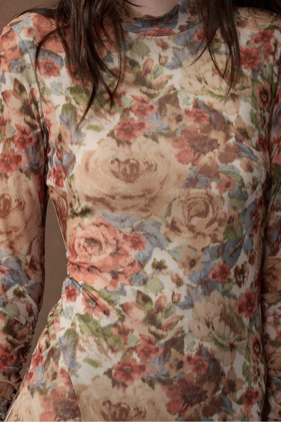 Floral-Print Mesh Long-Sleeve Maxi Dress