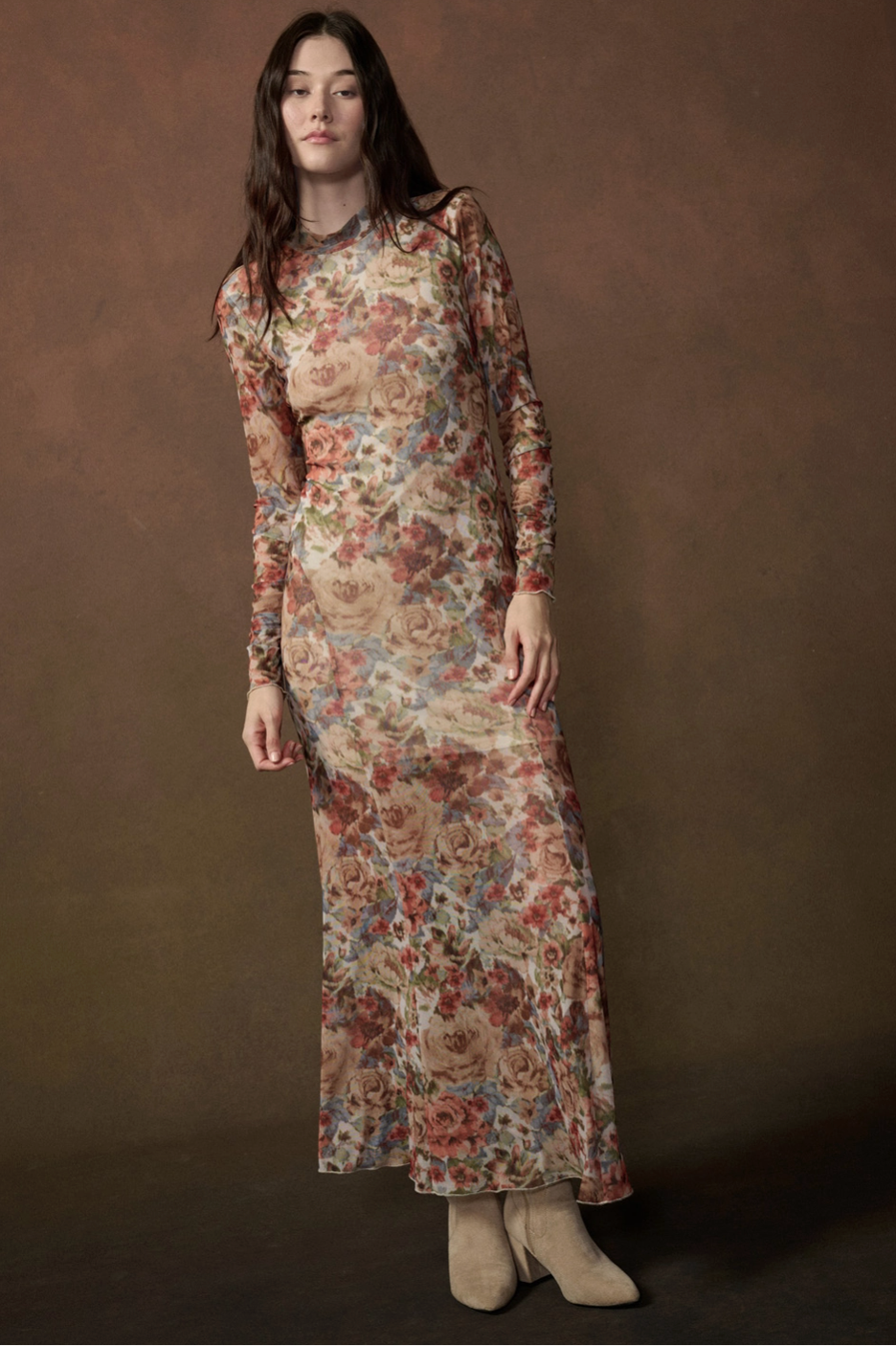 Floral-Print Mesh Long-Sleeve Maxi Dress