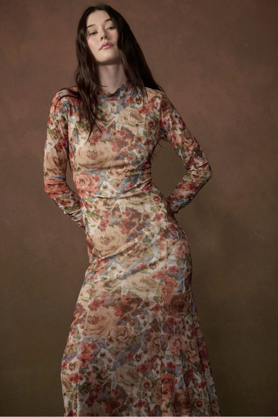 Floral-Print Mesh Long-Sleeve Maxi Dress