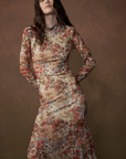 Floral-Print Mesh Long-Sleeve Maxi Dress