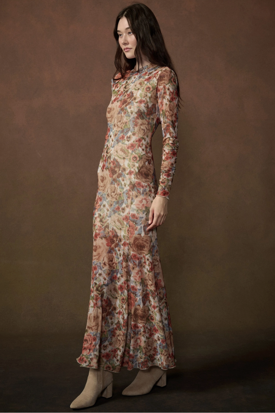 Floral-Print Mesh Long-Sleeve Maxi Dress