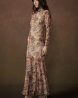 Floral-Print Mesh Long-Sleeve Maxi Dress
