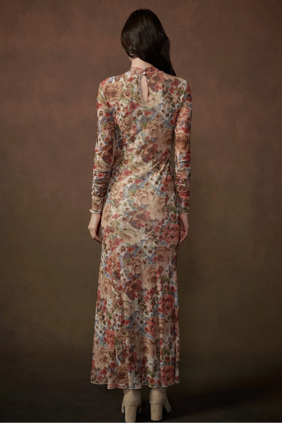 Floral-Print Mesh Long-Sleeve Maxi Dress