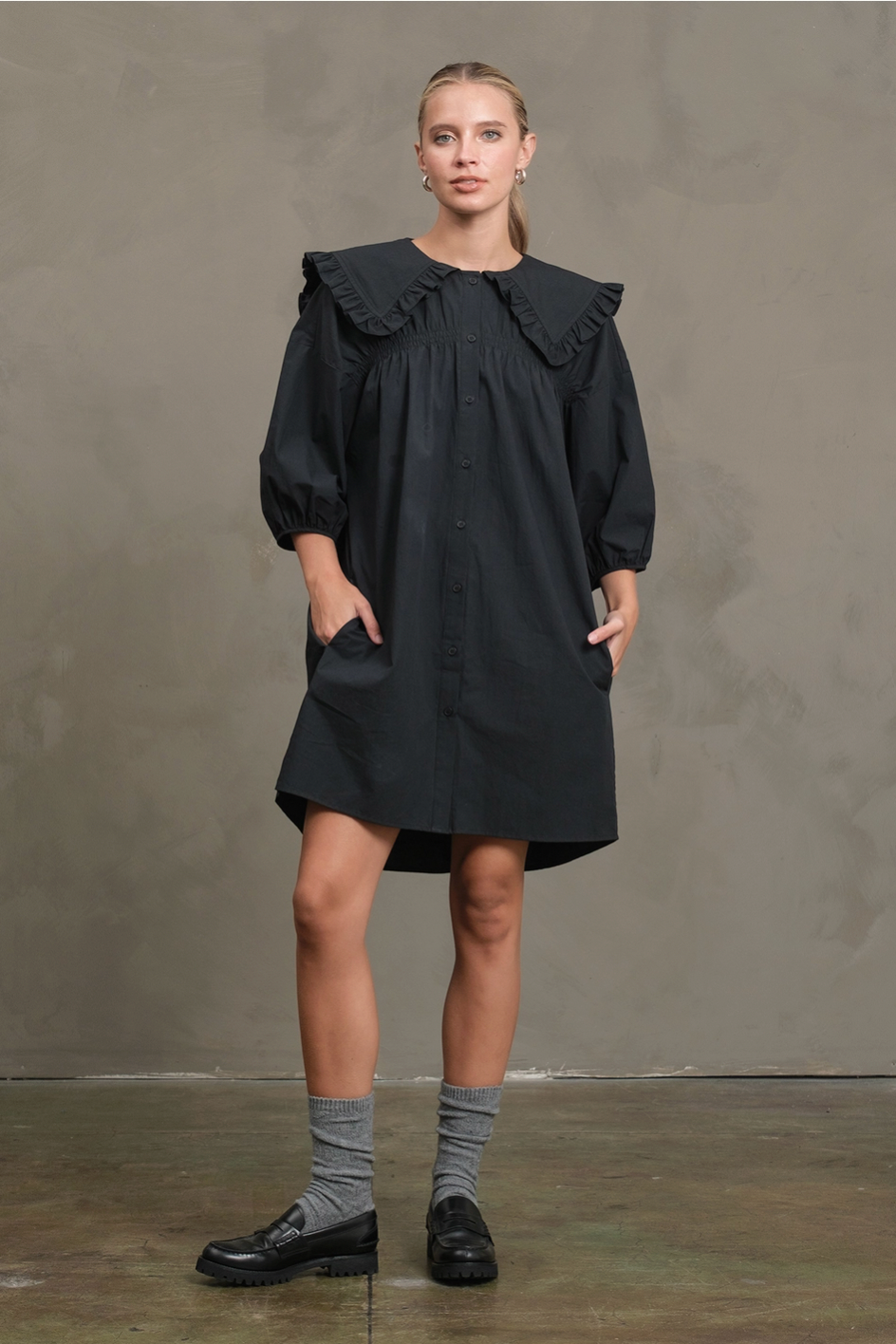 Black Cotton Ruffle Collar Smock Dress