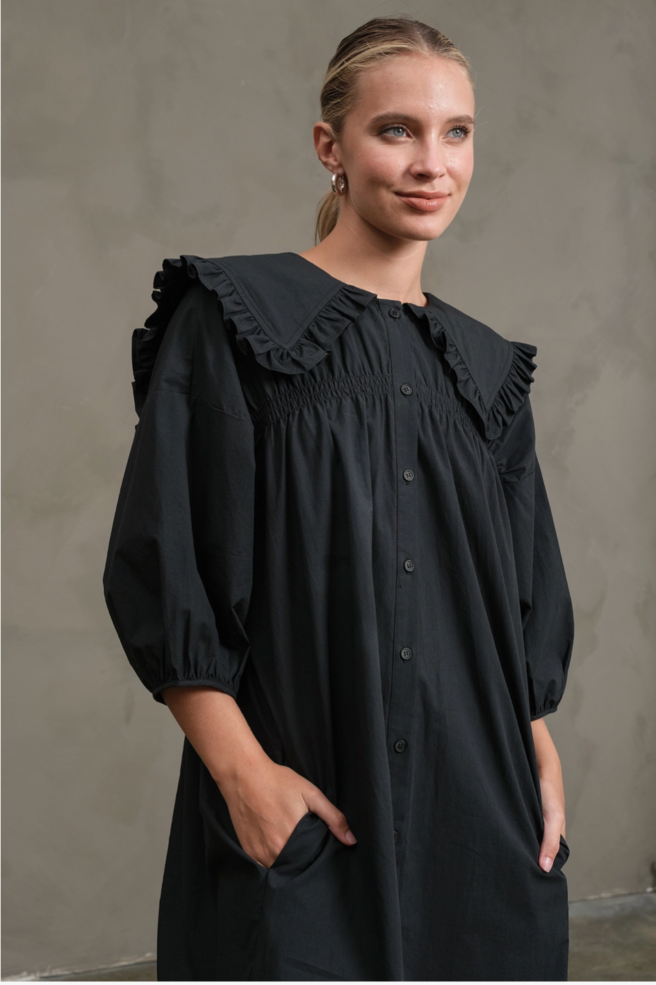 Black Cotton Ruffle Collar Smock Dress