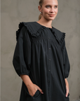 Black Cotton Ruffle Collar Smock Dress