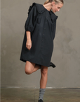 Black Cotton Ruffle Collar Smock Dress