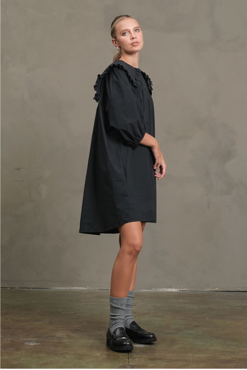 Black Cotton Ruffle Collar Smock Dress