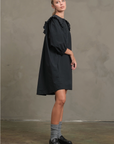 Black Cotton Ruffle Collar Smock Dress