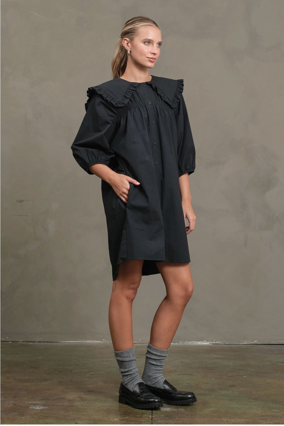 Black Cotton Ruffle Collar Smock Dress