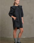 Black Cotton Ruffle Collar Smock Dress