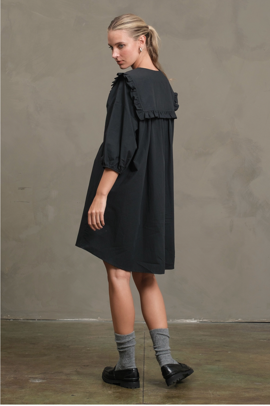 Black Cotton Ruffle Collar Smock Dress