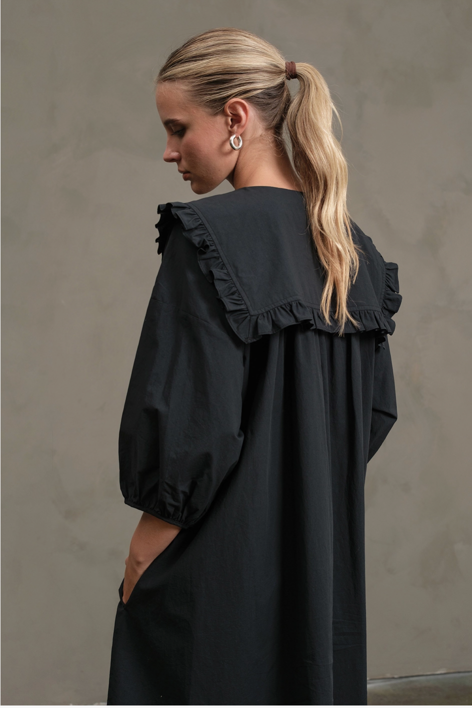 Black Cotton Ruffle Collar Smock Dress