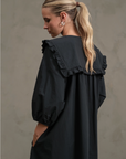 Black Cotton Ruffle Collar Smock Dress