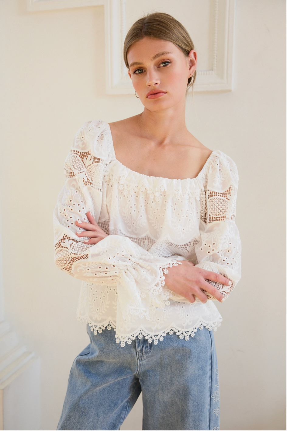 Whimsy Embroidered Lace Square Neck Blouse