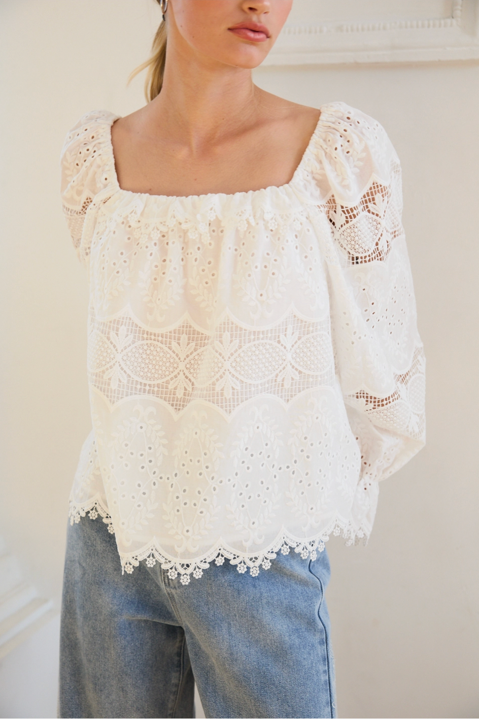 Whimsy Embroidered Lace Square Neck Blouse