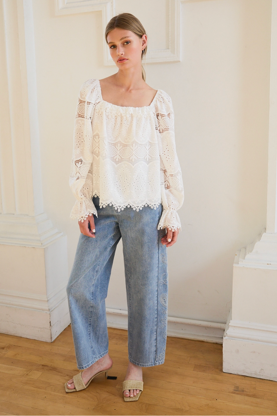 Whimsy Embroidered Lace Square Neck Blouse
