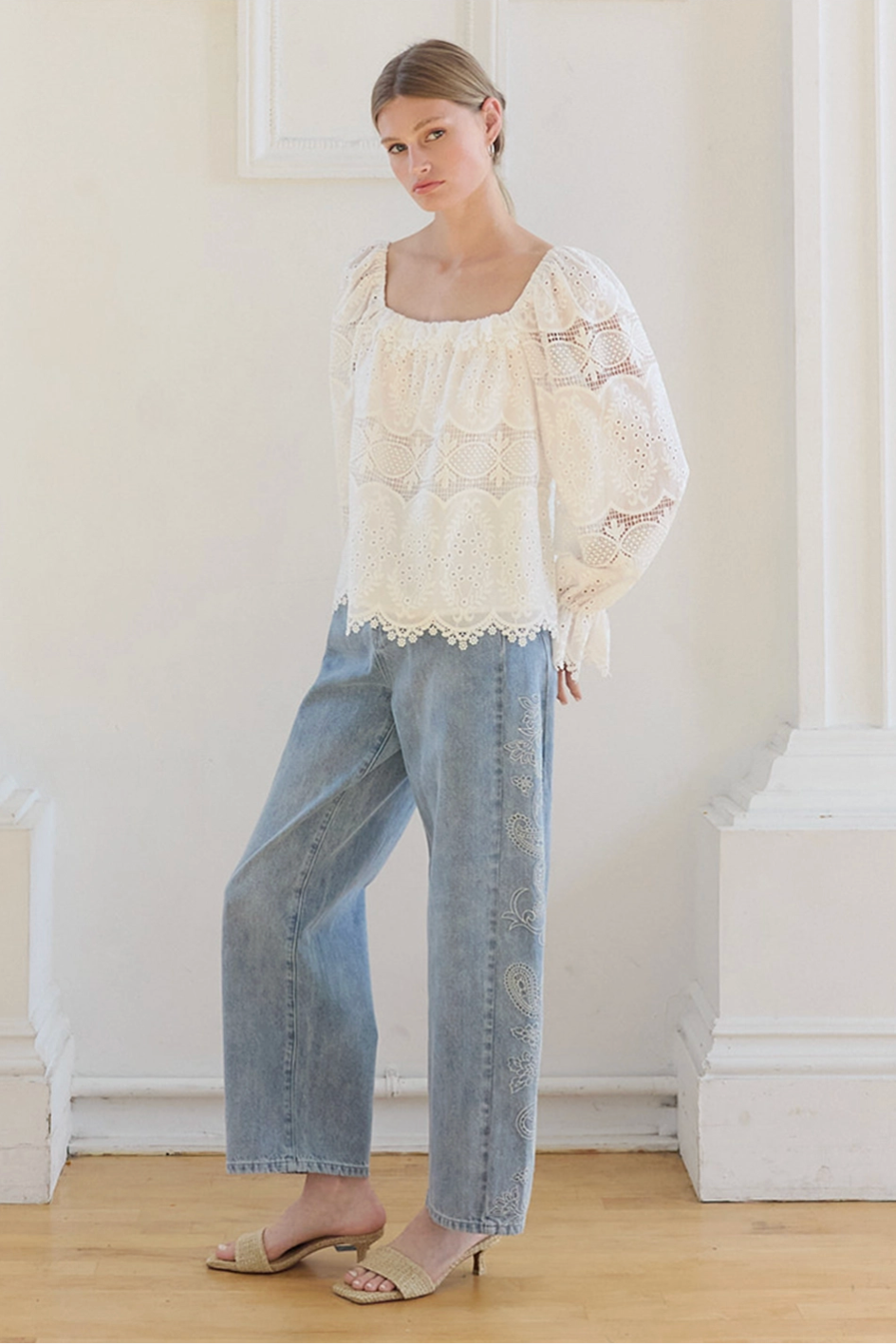 Whimsy Embroidered Lace Square Neck Blouse