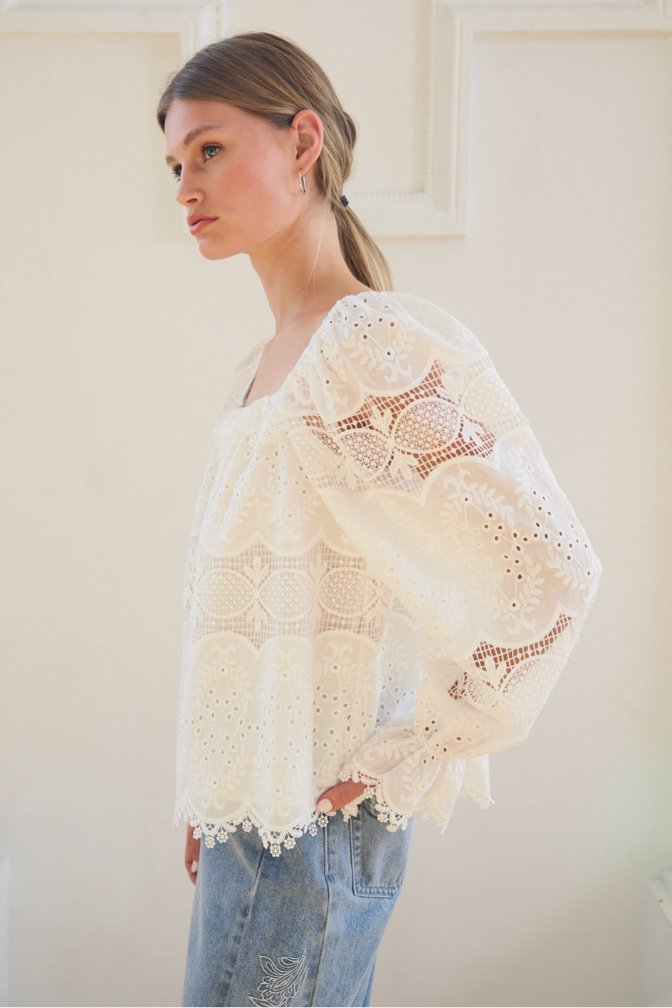 Whimsy Embroidered Lace Square Neck Blouse