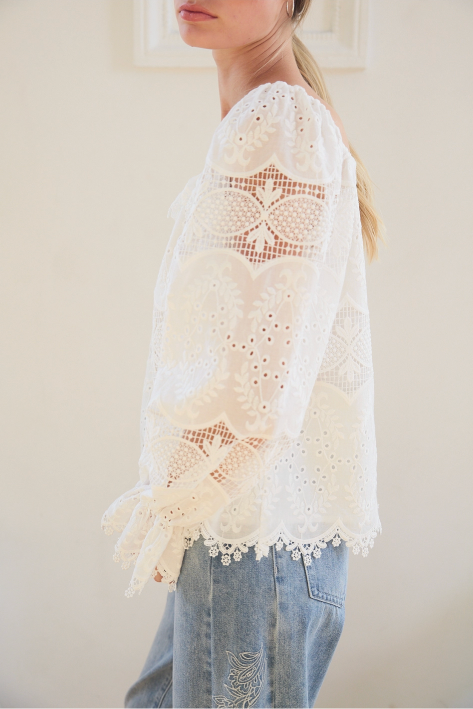 Whimsy Embroidered Lace Square Neck Blouse