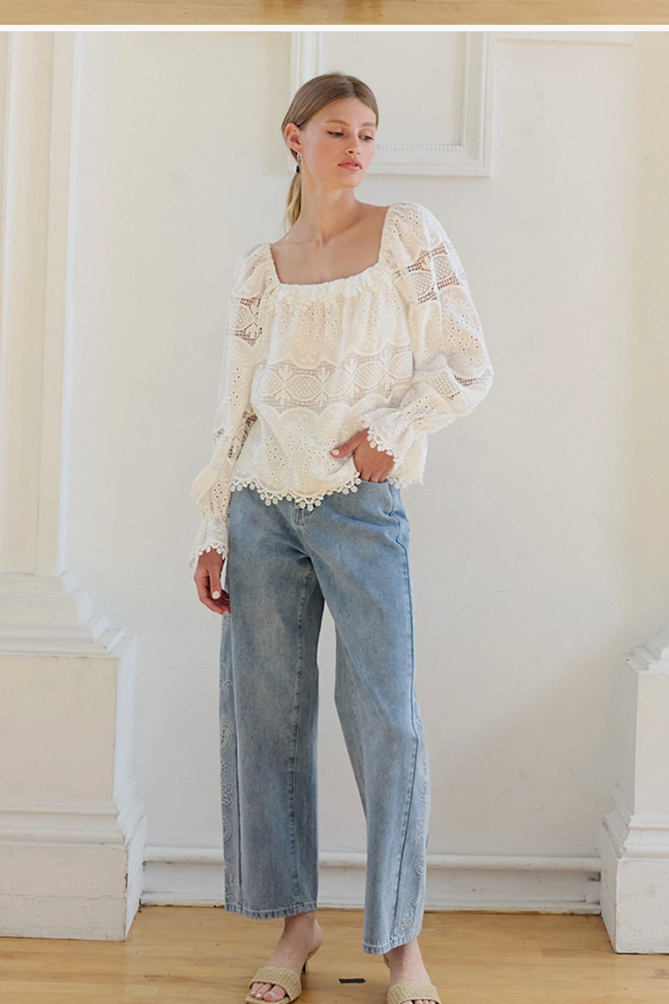 Whimsy Embroidered Lace Square Neck Blouse