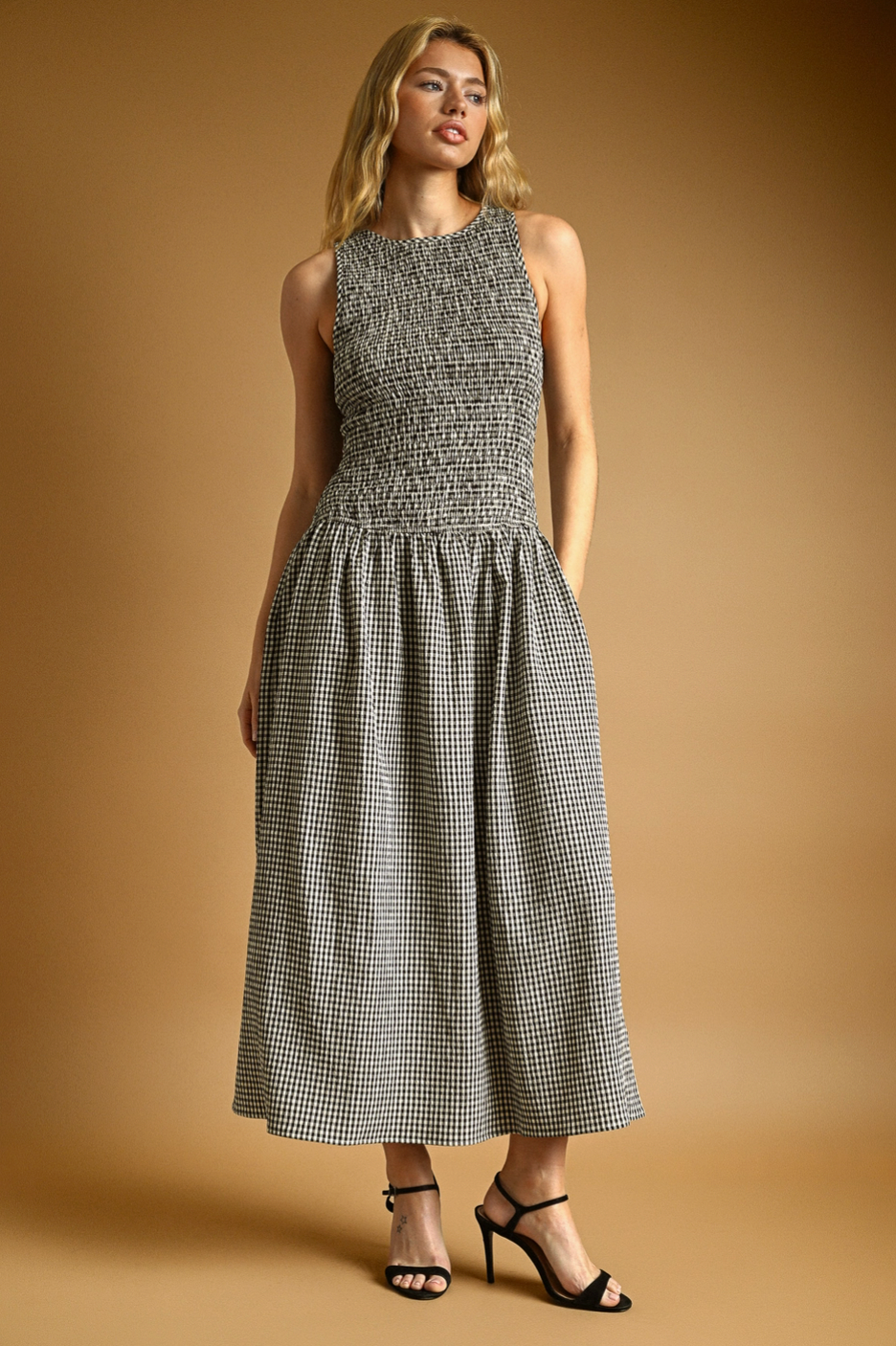 Black Mini Gingham Pattern Sleeveless Dress
