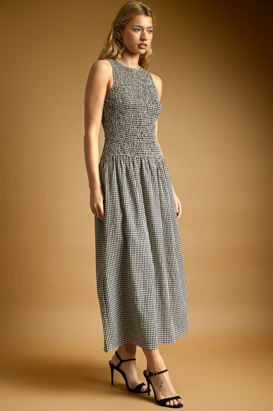 Black Mini Gingham Pattern Sleeveless Dress