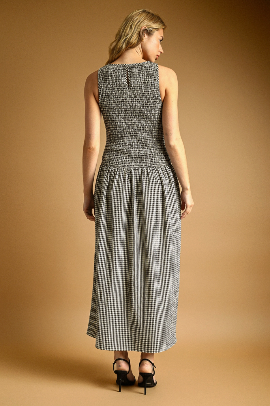 Black Mini Gingham Pattern Sleeveless Dress